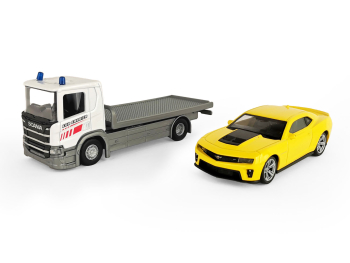 Игрушечные машинки Welly Грузовик Scania, Chevrolet Camaro ZL1