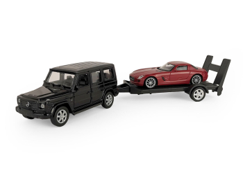 Игрушечные машинки Welly Mercedes-Benz G-Class, Mercedes-Benz SLS AMG, с прицепом, 2 шт